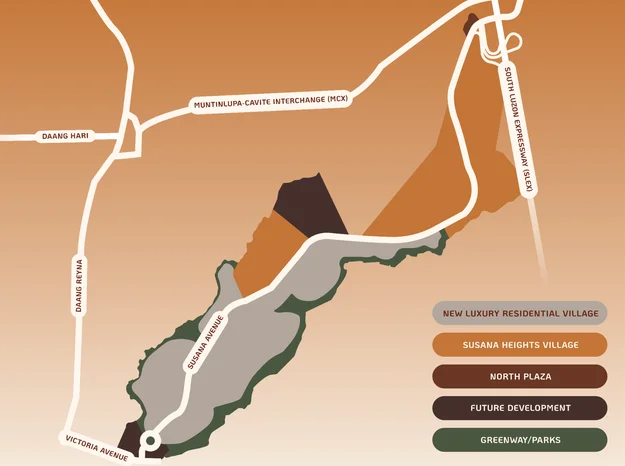 Susana Heights estate masterplan showing the new luxury residential village, Susana Heights Village, North Plaza, future development and greenways