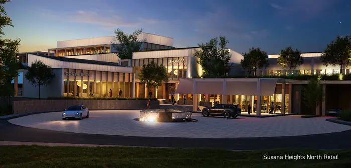 North Plaza retail hub at dusk