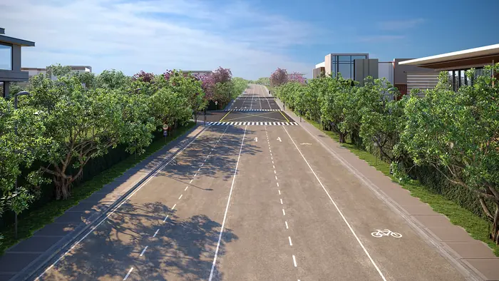 Susana Avenue spine road lined with trees
