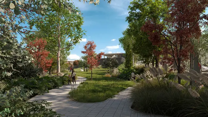 Landscaped greenway trail with trees